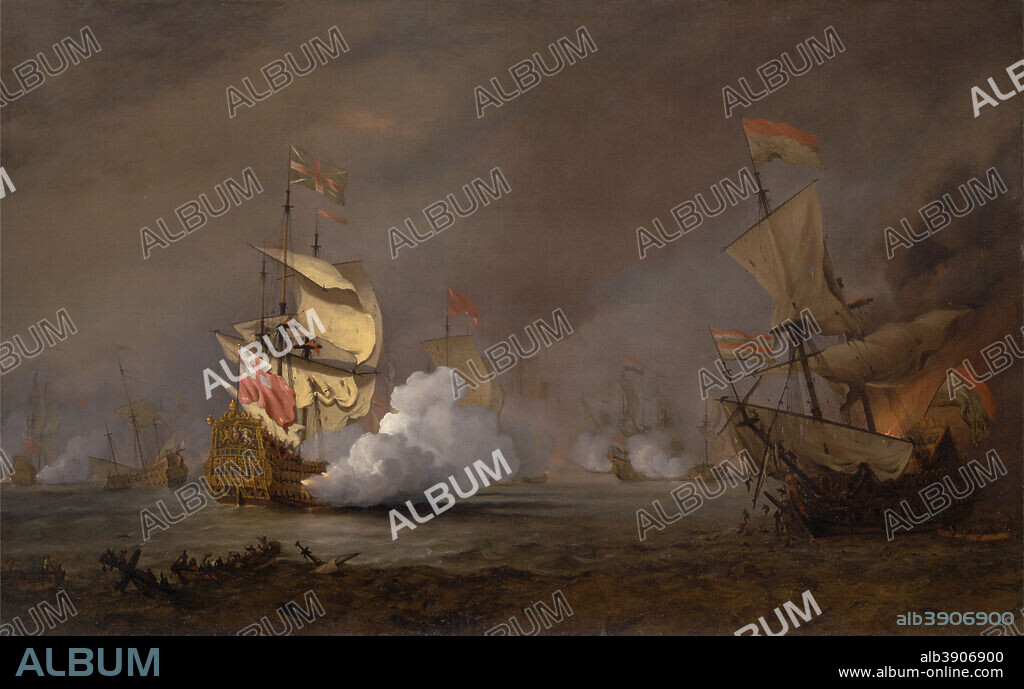 WILLEM VAN DE VELDE THE YOUNGER. Sea Battle of the Anglo-Dutch Wars. Date/Period: Ca. 1700. Painting. Oil on canvas. Height: 1,137 mm (44.76 in); Width: 1,842 mm (72.51 in).