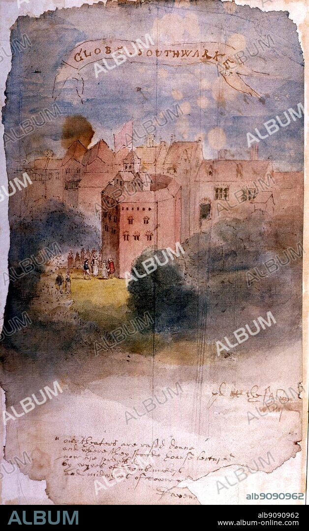 The Globe Theatre, Southwark, London 1616. View of the Globe by the Dutch engraver, Claes Jansz Visscher (1587-1652) draughtsman, engraver, cartographer. From Shakespeare by Anthony Burgess, page 160..  The original Globe Theatre, was built in 1598 by the playing company to which William Shakespeare belonged, and was destroyed by fire in 1613. The rebuilt Globe Theatre, built in 1614, closed in 1642, and was demolished in 1644.