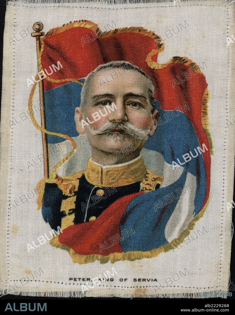 Pedro I de Serbia (1844-1921), rey de Serbia. Retrato y bandera impresos sobre tela. Años 1920.