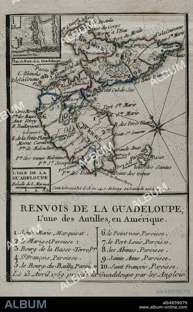 JEAN DE BEAURAIN (1696-1771). FRENCH GEOGRAPHER.. Map of Guadeloupe, 1759. Antilles Archipelago, Caribbean Sea. France took possession of the island on 28 June 1635, after landing at Pointe Allegre. During the Seven Years War, was conquered by England, founding the Port of Pointe-a-Pitre. Taking of the island of Guadeloupe by the British troops on April 13, 1759. Engraving published in 1765 by the cartographer Jean de Beaurain (1696-1771) as an illustration of his Great Map of Germany, with the events that took place during the Seven Years War. French edition, 1765. Military Historical Library of Barcelona (Biblioteca Histórico Militar de Barcelona). Catalonia. Spain.