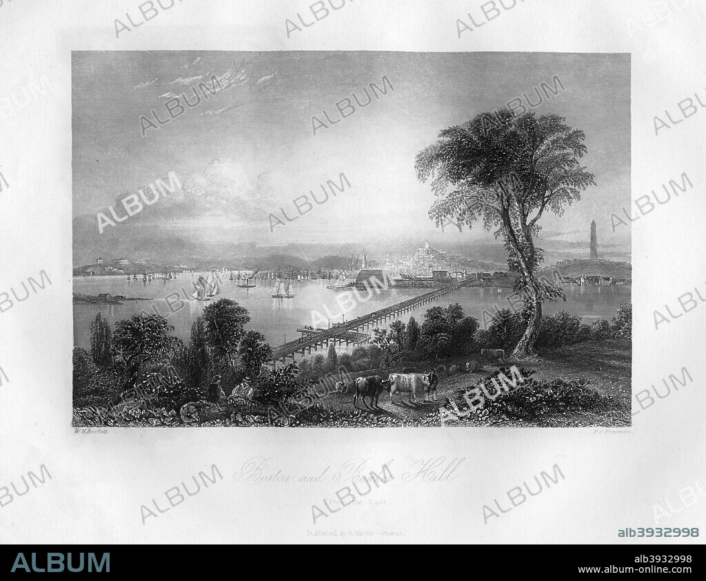 Boston and Bunker Hill, Massachusetts, 1855. The Battle of Bunker Hill (1755) was fought near this site. Illustration from the History and Topography of the United States of North America, Volume II , by John Howard Hinton, published by Samuel Walker, (Boston, 1855).