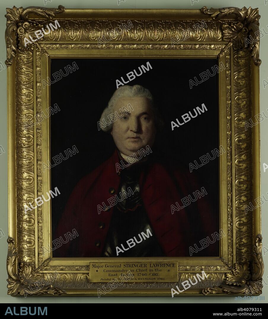 SIR JOSHUA REYNOLDS. Major-General Stringer Lawrence (1697-1775), Commander-in-Chief in the East Indies, 1752-54 and 1761-66. Painted January 1761. Half-length. He has a short white wig and wears a plain red coat above a steel breast-plate. 1761. Oil painting. 31 by 26 ins (79 by 66 cms). Source: Foster 5.