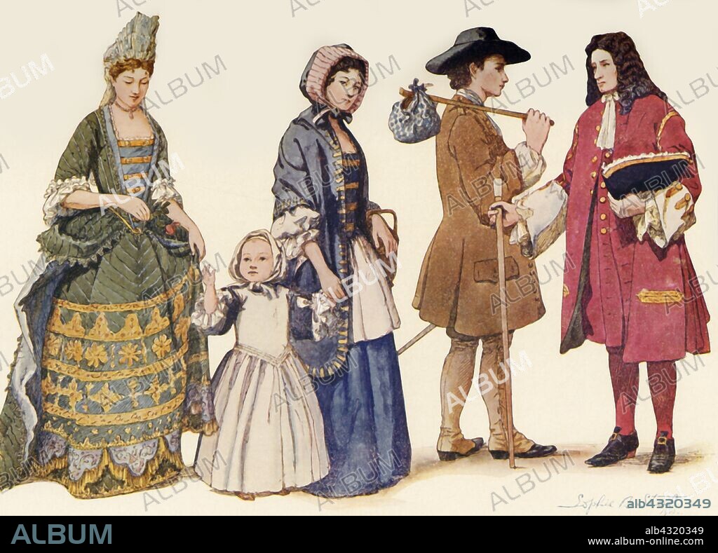 'Traditional clothing in the reigns of James II - William and Mary 1685-1700', 1903, (1937). From "History of American Costume - Book One 1607-1800", by Elisabeth McClellan. [Tudor Publishing Company, New York, 1937].