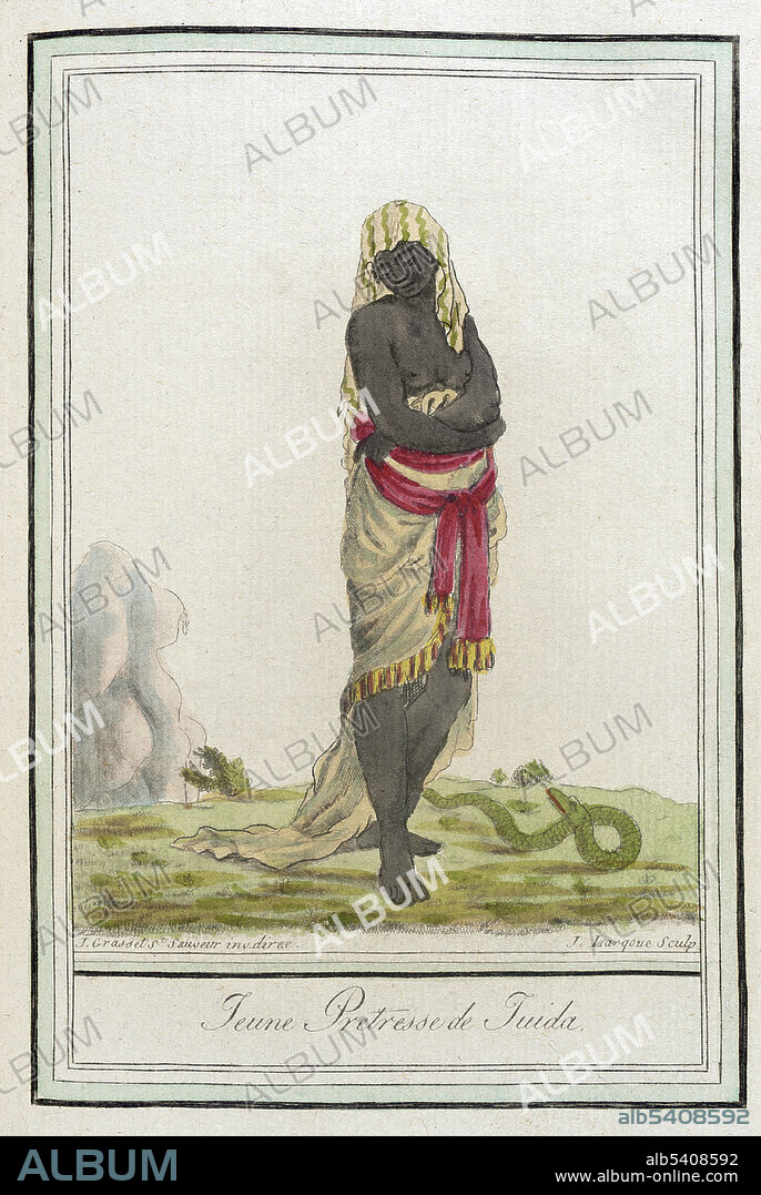 Jeune Pretresse de Juida. Young Priestess of Juida. Vodun is practiced by the Fon people of Benin, and southern and central Togo; as well in Ghana, and Nigeria. The high priestess is the woman chosen by the oracle to care for the convent. Priestesses, like priests, receive a calling from an oracle, which may come at any moment during their lives. They will then join their clan's convent to pursue spiritual instruction. European colonialism, followed by some of the totalitarian regimes in West Africa, have tried to suppress Vodun, but because the vodun deities are born to each clan, tribe, and nation, and their clergy are central to maintaining the moral, social and political order and ancestral foundation of its village, these efforts have not been successful.  Ouidah or Whydah, formerly the Kingdom of Whydah, is a city on the coast of the Republic of Benin. Whydah troops pushed their way into the African interior, capturing millions of people through tribal wars, and selling them to the Europeans and Arabs. By 1716, the Kingdom of Whydah had become the second largest slave port in the Triangular trade. Costumes of Different Countries, hand-tinted engraving by Labrousse, published by Jacques Grasset de Saint-Sauveur, 1797.