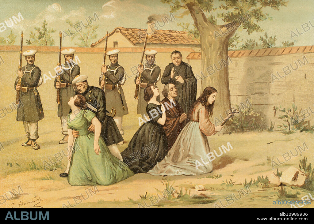 JUAN ALAMINOS. SPANISH ARTIST OF THE SECOND HALF OF THE 19TH CENTURY.. History of Spain. First Carlist War (1833-1840). By order of the Carlist general Ramón Cabrera, on 27 February 1836, the wife of Colonel Fontiveros (María Roque) and three other women, Cinta Foz, Francisca Urquizu and Mariana Guardia, were shot in an orchard in Valderrobres (province of Teruel, Aragon), merely because they belonged to liberal families. These executions, along with many others ordered by Cabrera, were in reprisal for the execution of his mother a few days earlier. Illustration by J. Alaminos. Chromolithography. "Historia de la guerra civil y de los partidos liberal y carlista" (History of the Civil War and the Liberal and Carlist parties), by Antonio Pirala. Volume II. Madrid, 1890.