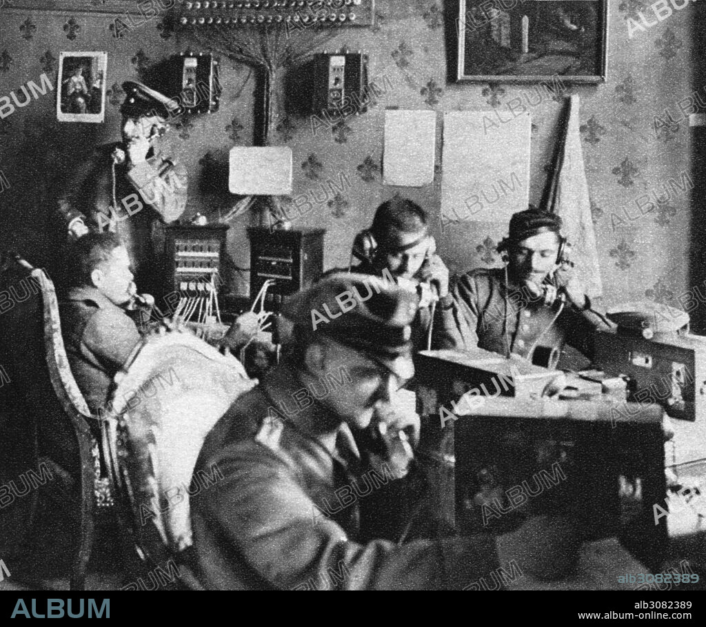 WWI: TELEPHONE OFFICE.German field telephone and telegraph office during World War I. Photograph, 1914-1918.