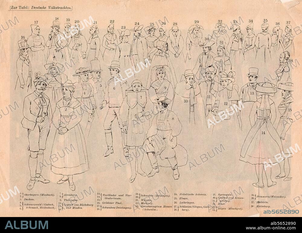 Volkskunde:. Trachten. "Deutsche Volkstrachten". Farblithographie, um 1890, nach Richard Knötel.