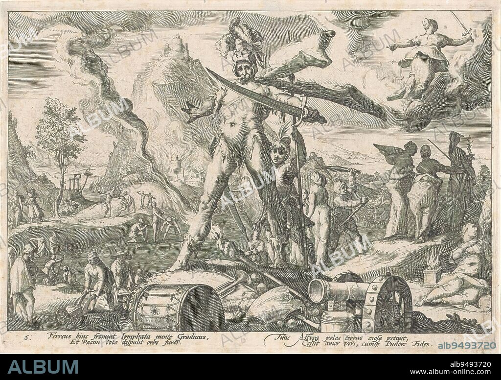 The Iron Age, Metamorphoses of Ovid (series title), Depiction of life during the Iron Age: soldiers injure, kill or chase people away, buildings are on fire. In the center, the god Mars. In the clouds the personified Justice, turning away. In the lower margin a four-line commentary, in two columns, in Latin., print maker: Hendrick Goltzius, (workshop of), after design by: Hendrick Goltzius, Franco Estius, Haarlem, 1589, paper, engraving, height 176 mm × width 254 mm.