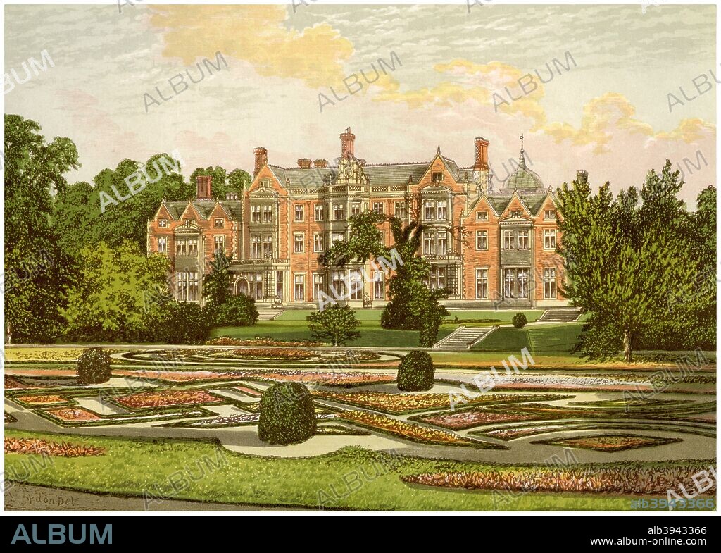 Sandringham, Norfolk, home of the Prince of Wales, c1880. Sandringham was built for Albert, Prince of Wales, eldest son of Queen Victoria and later King Edward VII. The house is used every year by the Royal Family for their Christmas celebrations. A print from A Series of Picturesque Views of Seats of the Noblemen and Gentlemen of Great Britain and Ireland, edited by Reverend FO Morris, Volume III, William Mackenzie, London, c1880. Wood-engraved plates after paintings by Benjamin Fawcett and Alexander Francis Lydon.