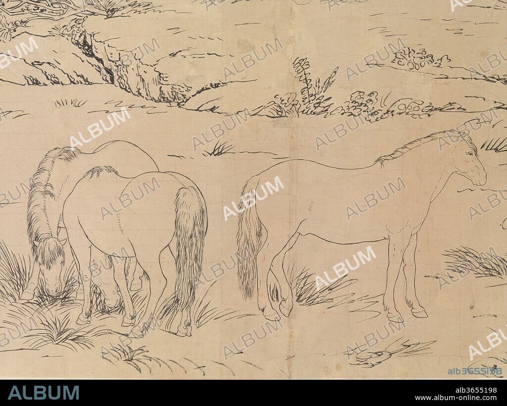 One Hundred Horses. Artist: Giuseppe Castiglione (Italian, Milan 1688-1766 Beijing). Culture: China. Dimensions: Image: 37 in. x 25 ft. 10 3/4 in. (94 x 789.3 cm)
Overall with mounting: H. 38 1/2 in. (97.8 cm). Date: datable to 1723-25.
During the eighteenth century, the Manchu Qing dynasty sponsored a major revival of courtly arts, which attained a new monumental scale, technical finish, and descriptive intricacy. A key figure in establishing this new court aesthetic was the Italian Jesuit Giuseppe Castiglione. A master of vividly naturalistic draftsmanship and large-scale compositions, in Europe he worked as a muralist.  Castiglione helped to create a new, hybrid style that combined Western realism with traditional Chinese conventions of composition and brushwork.
This monumental scroll, a unique example of a Castiglione preparatory drawing, is the model for one of Castiglione's most famous paintings, the One Hundred Horses scroll preserved in the National Palace Museum, Taipei. The drawing, although done with a brush rather than a pen, is executed almost exclusively in the European manner. Landscape is represented using Western-style perspective, figures are often shown in dramatically foreshortened views, and vegetation is depicted with spontaneous arabesques and cross-hatching. The large scale of the painting also suggests a European influence, as if Castiglione had taken a typical Western canvas and extended its length to make an architectural frieze.