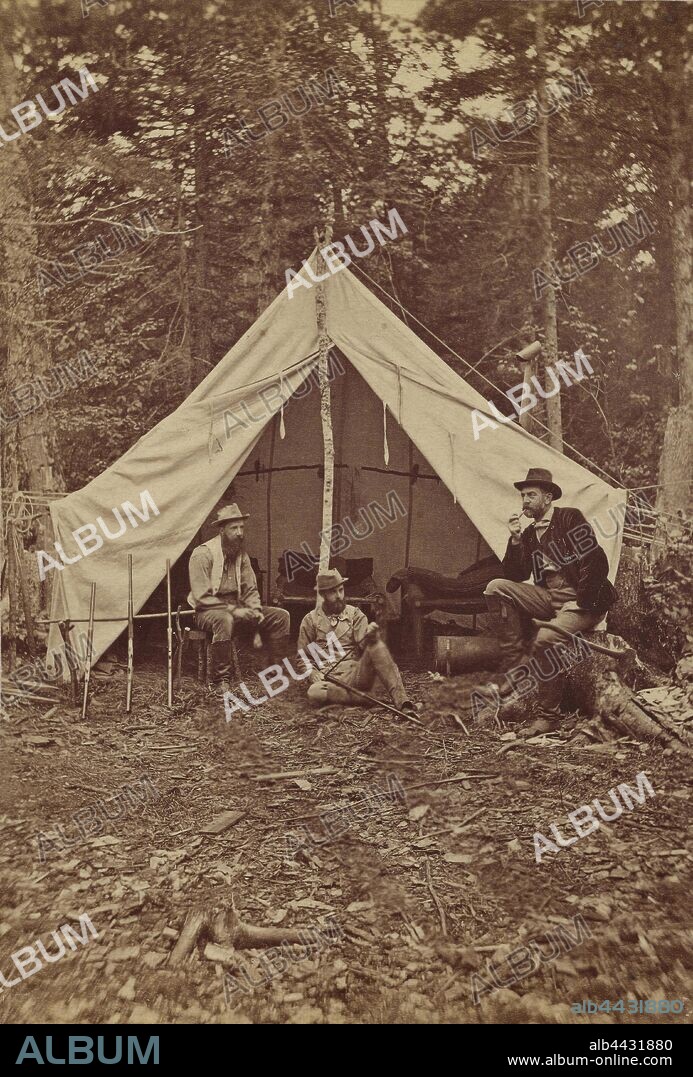 Group of beared men seated at campsite, tent in background, G. W. Baldwin (American, 1849 - 1930), about 1875–1885, Albumen silver print.