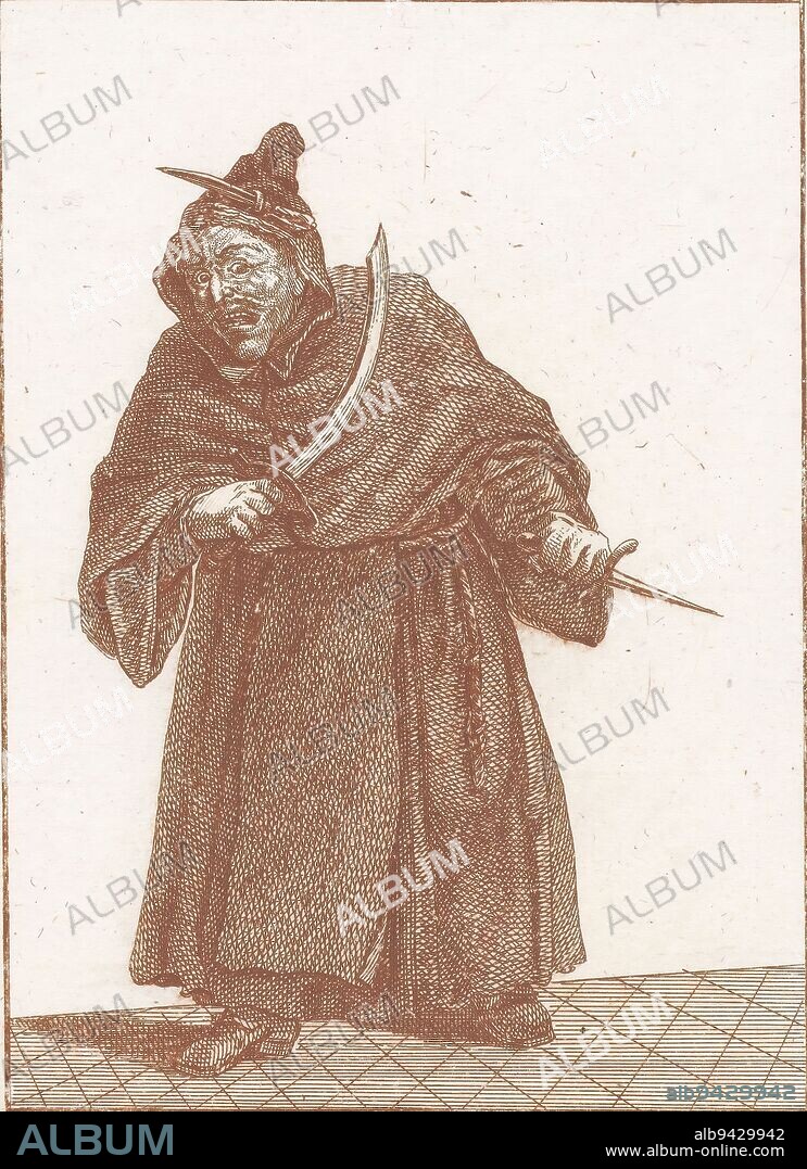 Monk with scimitar and dagger, Abuses of the Catholic Clergy (series title), L'Abregé du Faux Clerge Romain (series title), A standing monk with scimitar in right hand and dagger in left hand. On his hood a knife. The print is part of a 50-volume series dealing with the abuses of the Catholic clergy., print maker: Jacob Gole, (attributed to), after drawing by: Cornelis Dusart, Amsterdam, 1724, paper, etching, height 235 mm × width 181 mm.