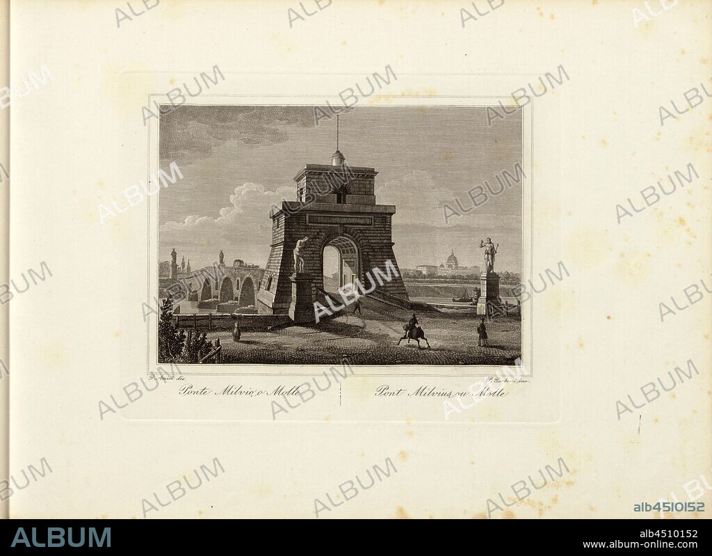 Ponte Milvio, or Molle, Milvian Bridge in Rome, signed: D. Amici dis, P. Parboni inc, Taf. 10, Amici, D. (dis.); Parboni, P. (inc.), Gaetano Cottafavi, Gabriele Fontana, D. Amici, P. Parboni, A. Fornari, S. Bossi, Salvatore Busuttil: Souvenirs de Rome. [nicht ermittelbar]: [nicht ermittelbar], [1800].