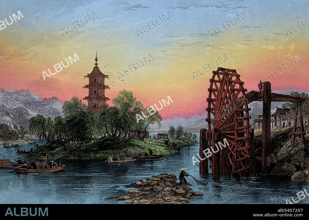 Water wheel, Melon Islands. Rural scene in China, showing a bamboo water wheel used for irrigation. The outer rungs on the wheel consist of hollow bamboo shoots that fill with water when immersed in the river and then empty onto the platform at the top. The wheel could raise 300 tons of water every 24 hours.  A water wheel is a machine for converting the energy of flowing or falling water into useful forms of power, often in a watermill. A water wheel consists of a wheel with a number of blades or buckets arranged on the outside rim forming the driving surface. Engraving by Henry Adlard after Thomas Allom.
