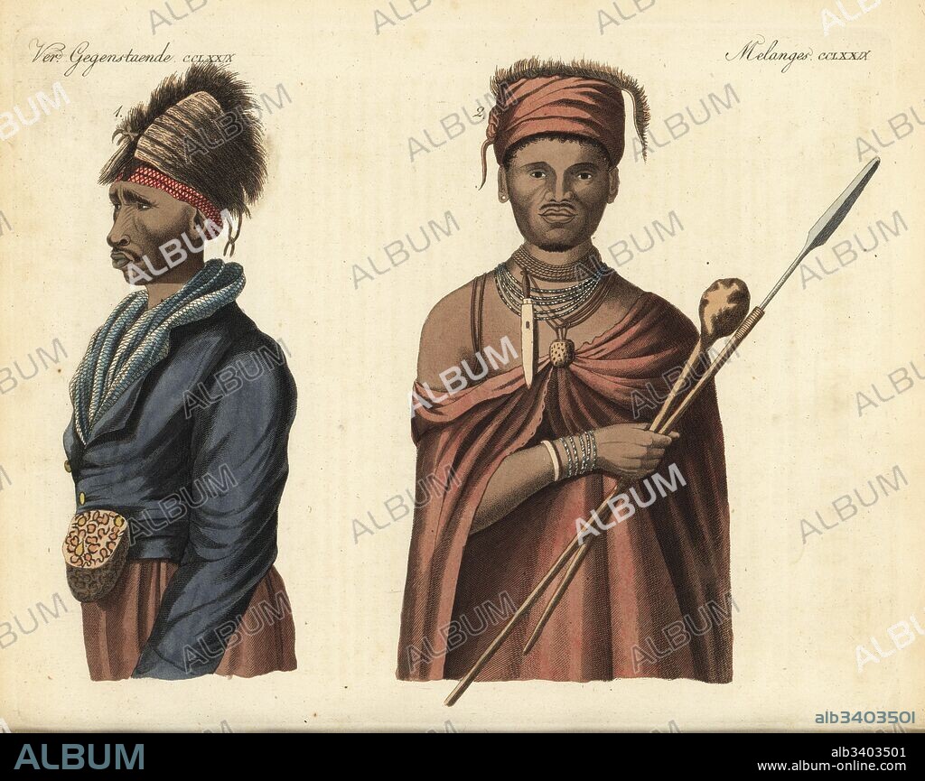 Portrait of Stoffel Speelman, a Khoikhoi of Hottentot man 1, and a chief of the Griqua or Kora people with hassagai (spear) and kirri (club) 2. Copied from William John Burchell's Travels in the Interior of South Africa. Handcoloured copperplate engraving from Friedrich Johann Bertuch's Bilderbuch fur Kinder (Picture Book for Children), Weimar, 1823.