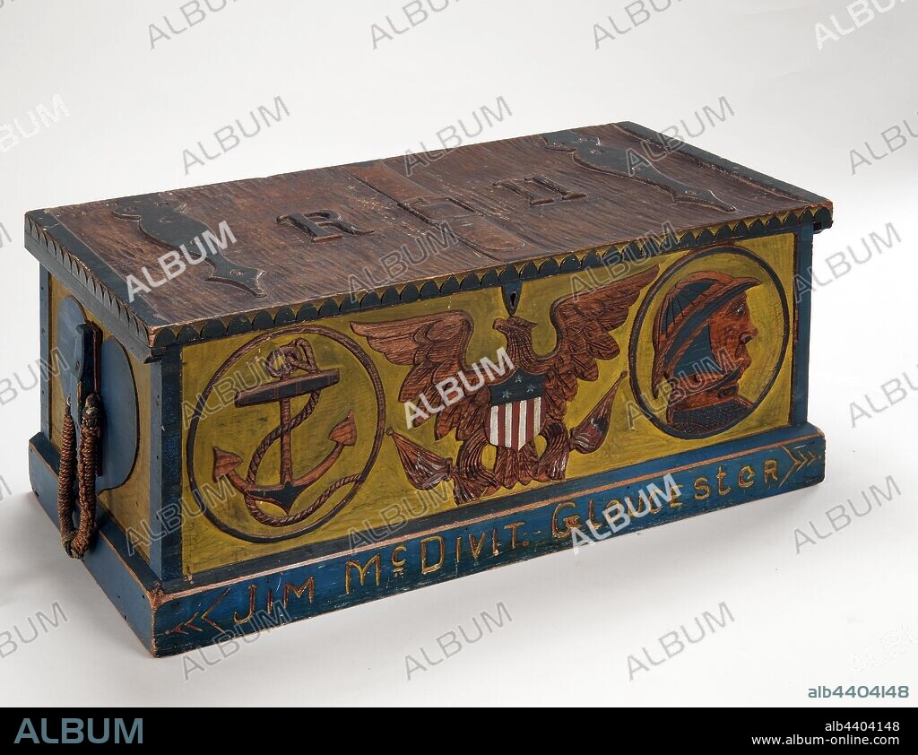 American: Sea Chest, American, c. 1840, Painted and carved pine, This is a sea chest, or a storage box for a sailor, used to hold clothing and personal items aboard a ship. The name carved at the base probably indicates the chest's owner—a Jim McDivit of Gloucester, Massachusetts. The letter and numeral on the lid might refer to the ship's name, or possibly to someone who owned it before. This chest was illustrated in the Index of American Design, a Federal Art Project work-relief program that dispatched artists across the country to create a visual archive of American decorative arts during the Great Depression., Overall: 15 x 37 1/2 x 16 in. (38.1 x 95.3 x 40.6 cm).