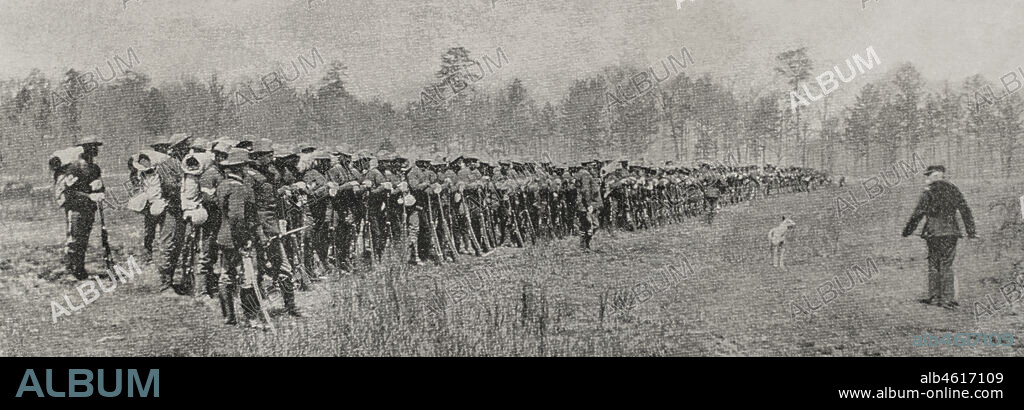 Spanish-American War (1898). Reconcentration of American troops. The 25th Infantry Regiment (1866-1946) at Chickamauga. This unit was one of the racially segregated ones in the United States Army. Photoengraving. La Ilustración Española y Americana, 1898.