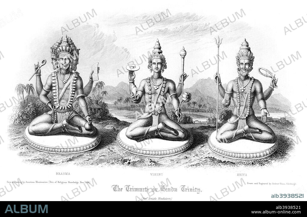 The Trimurti or Hindu Trinity. The Trimurti represents the cosmic forces of creation, maintenance and destruction, personified by the Gods Brahma, Vishnu and Shiva. A print from The Faiths of the World, A Dictionary of All Religions and Religious Sects, Volume II, by Reverend James Gardner, A Fullarton & Co, London & Edinburgh.