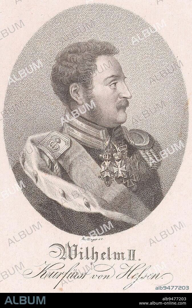 Portrait of Wilhelm II, Elector of Hesse-Kassel, Friedrich Wilhelm Bollinger, 1821 - 1825, print maker: Friedrich Wilhelm Bollinger, (mentioned on object), Berlin, 1821 - 1825, paper, h 143 mm - w 104 mm.
