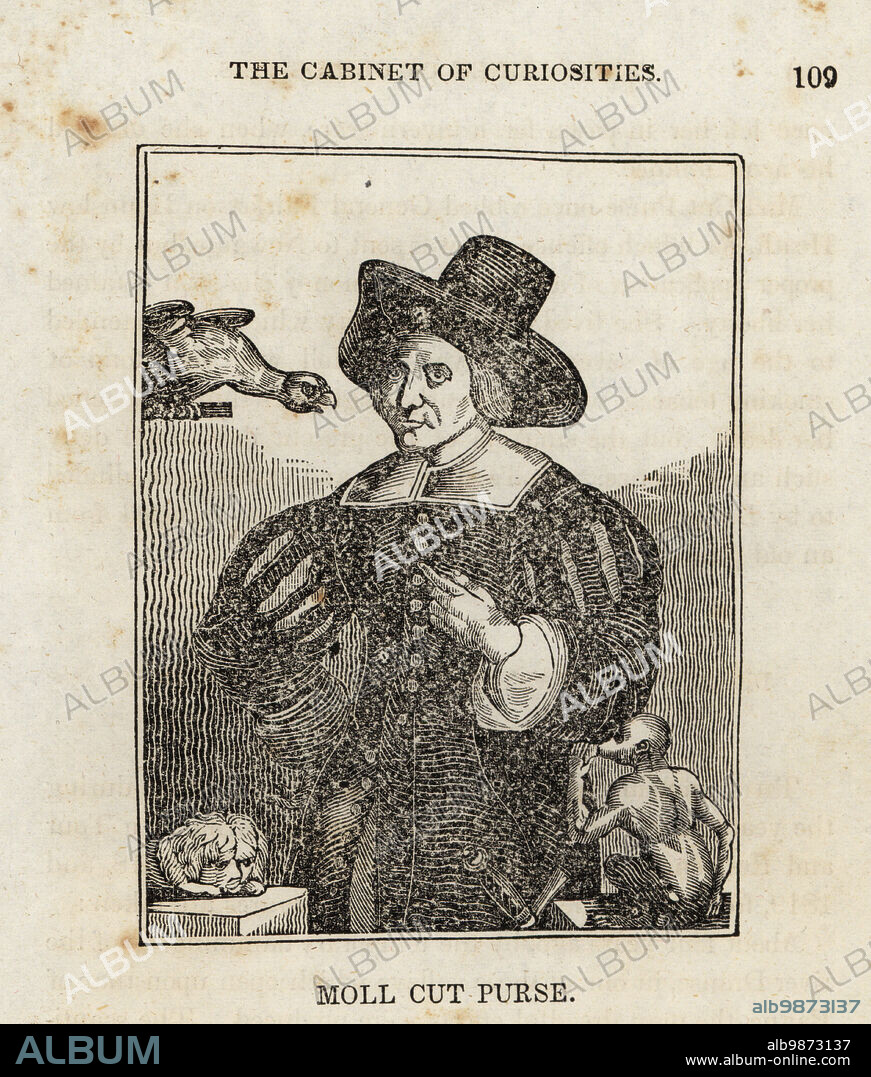 Mary Frith, Moll Cut Purse, the Roaring Girl, English transvetite criminal of the reign of King Charles II. Fortune teller, pickpocket and fence or receiver of stolen goods from Mulled Sack and others. Portrait with parrot and monkey, c.1584-1659. Woodcut from The Cabinet of Curiosities, or Wonders of the World Displayed, Henry Piercy, New York, 1836.