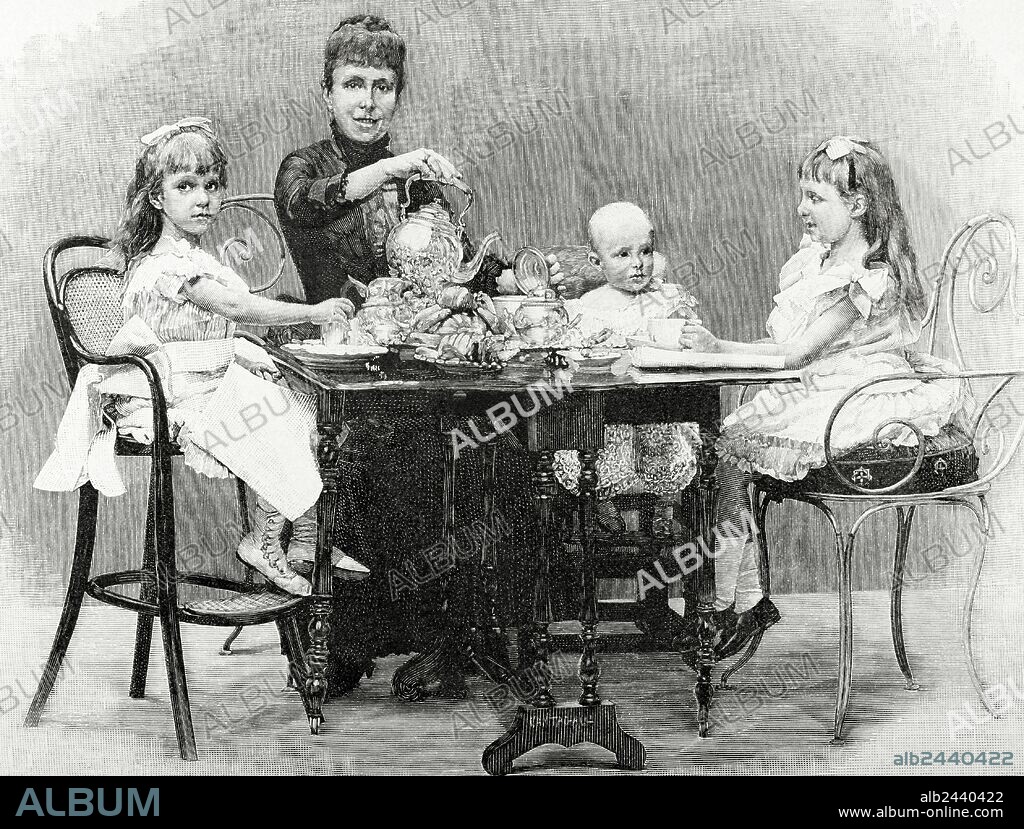 Maria Christina of Austria (1858-1929). Queen of Spain. Second wife of King Alfonso XII. Regent during the minority of their son, Alfons XIII. Engraving by Camtagalli. La Ilustracion Artistica, 1888. Royal family: Mercedes, Princess of Asturias, Maria Teresa and Alfonso XIII of Spain.