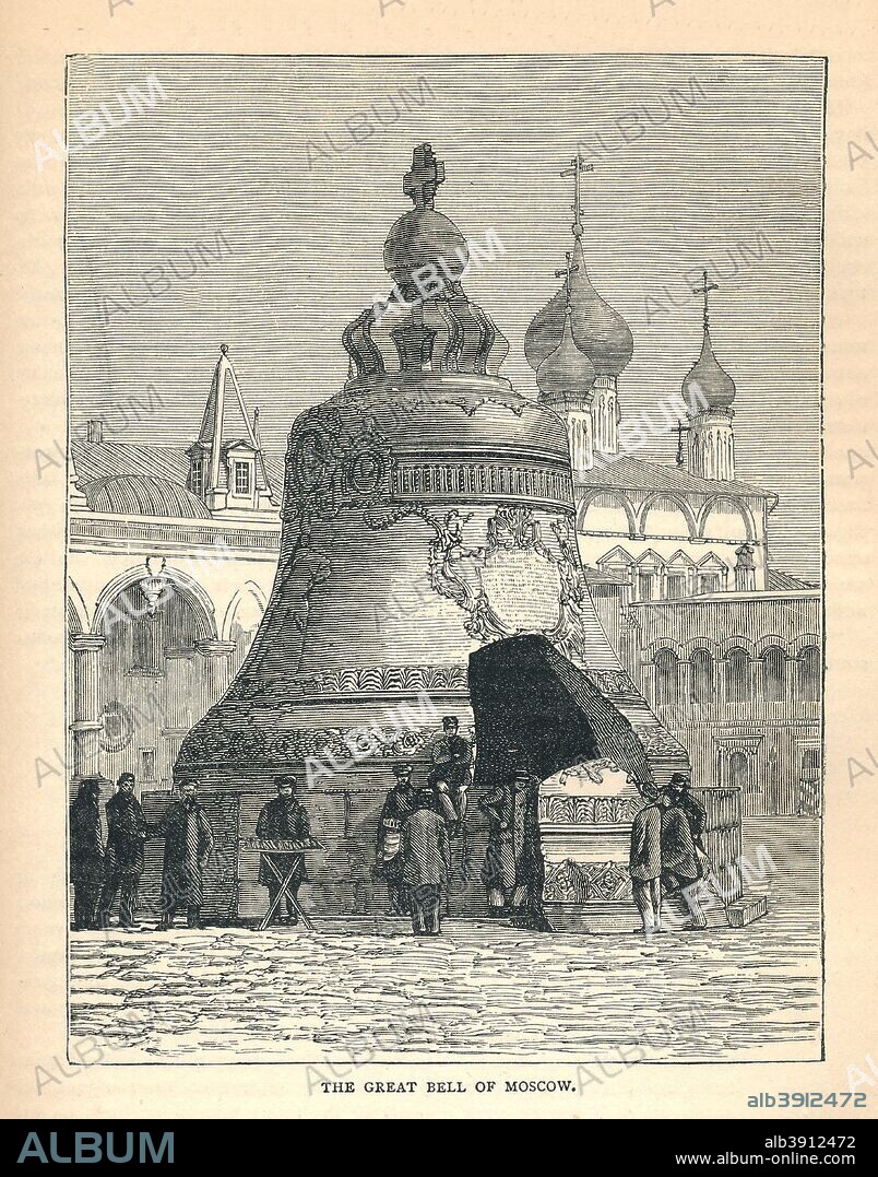 'The Great Bell of Moscow' - Tsar Bell, 1893. The Tsar Bell, also known as the Tsarsky Kolokol, Tsar Kolokol III, or Royal Bell was commissioned by Empress Anna Ivanovna, niece of Peter the Great and is on display in the Moscow Kremlin. The bell was made of bronze and broken during metal casting and has never been rung. It's decorated with relief images of baroque angels, plants, oval medallions with saints, and nearly life-size images of Empress Anna and Tsar Alexey, who was reigning at the time the previous Tsar Bell was cast.From The Pictorial Treasury of Famous Men and Famous Deeds published by Frederick Warne and Co. [London and New York, 1893].