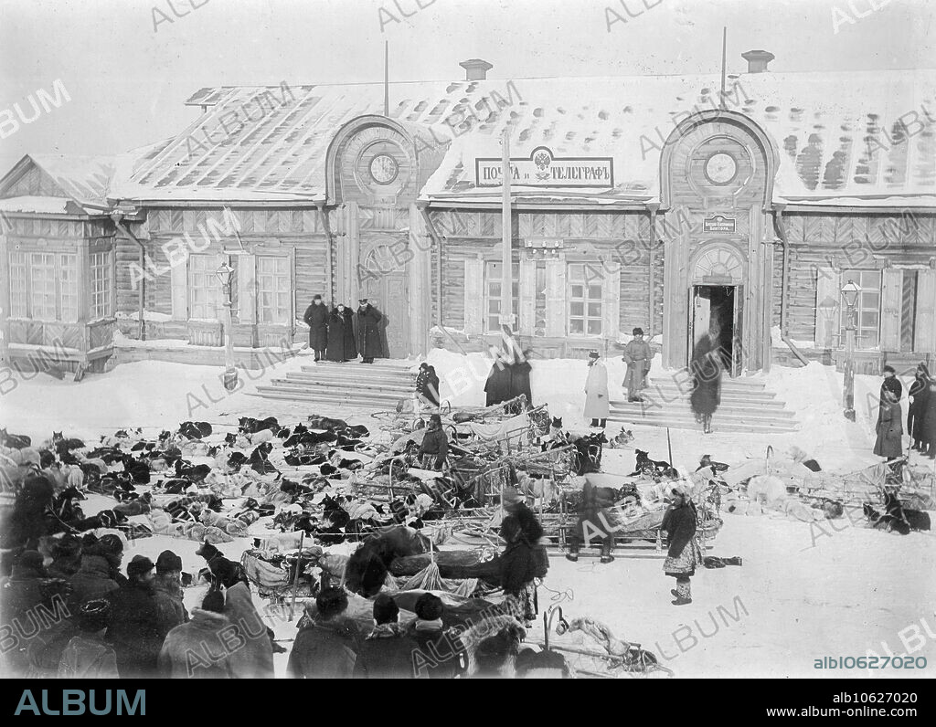 IVAN NIKOLAEVICH KRASNOV. Arrival of Winter Mail, 1890..  The photographs were taken on Sakhalin Island during the late 19th and early 20th centuries and provide rare glimpses of the island's settlements, prisons, and inhabitants. Sakhalin Island was used by imperial Russia as a penal colony and place of exile for criminals and political prisoners. The collection depicts public life and institutions in the town of Aleksandrovsk Post, convicts working under harsh conditions or in chains, and political prisoners. The photographs also show the daily life both of the Nivkh people, indigenous to the northern part of the island, and the Russian settler population.