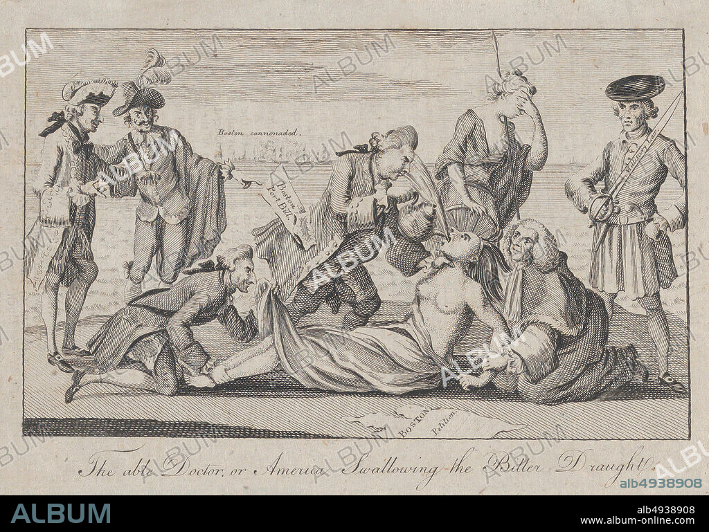Anonymous, British, 18th century, The Able Doctor, or America Swallowing the Bitter Draught, Anonymous, British, 18th century, May 1, 1774, Engraving, image: 3 5/8 x 5 15/16 in. (9.2 x 15.1 cm), sheet: 4 1/2 x 6 5/8 in. (11.5 x 16.8 cm), Prints.