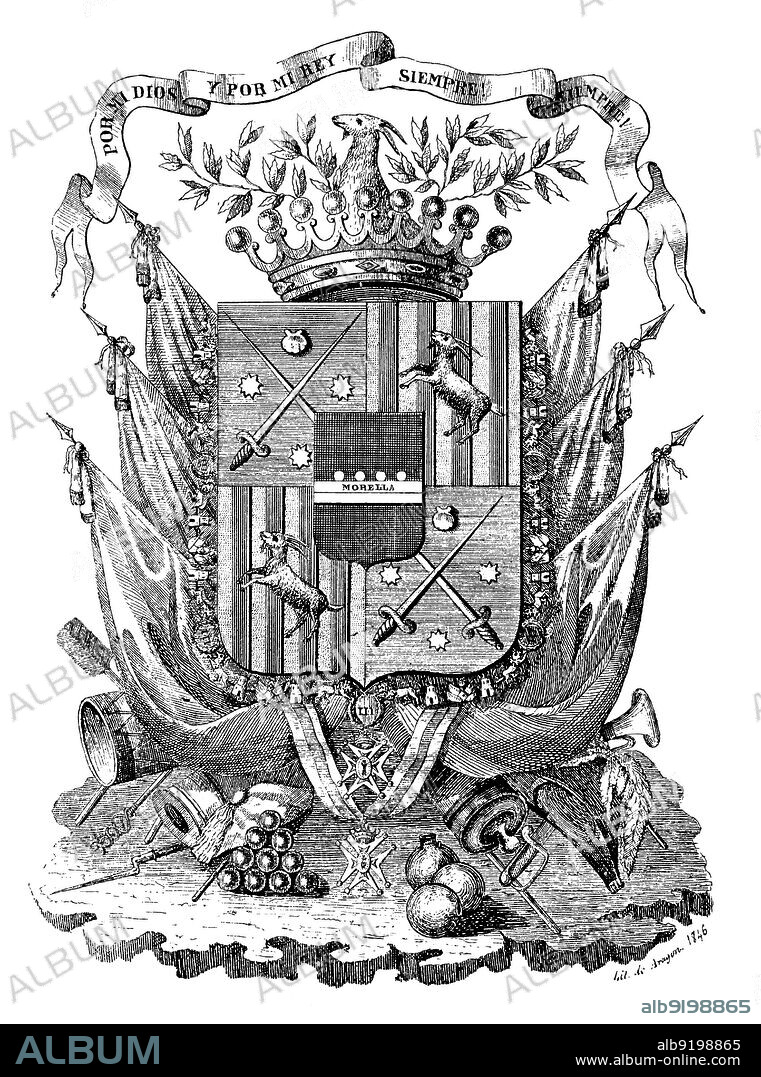 España. Escudo nobiliario de Ramón Cabrera Griñó (1806-1877), general carlista, duque del Maestrazgo, conde de Morella y marqués del Ter. Grabado de 1846.