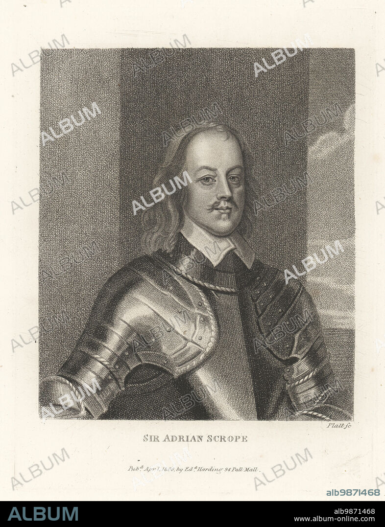 Colonel Adrian Scrope, Parliamentarian soldier during the English Civil War and signatory of the death warrant for King Charles I in January 1649. Sir Adrian Scrope. In plain collar and suit of plate armour. Copperplate engraving by Platt from John Adolphus The British Cabinet, containing Portraits of Illustrious Personages, printed by T. Bensley for E. Harding, 98 Pall Mall, London, 1799.