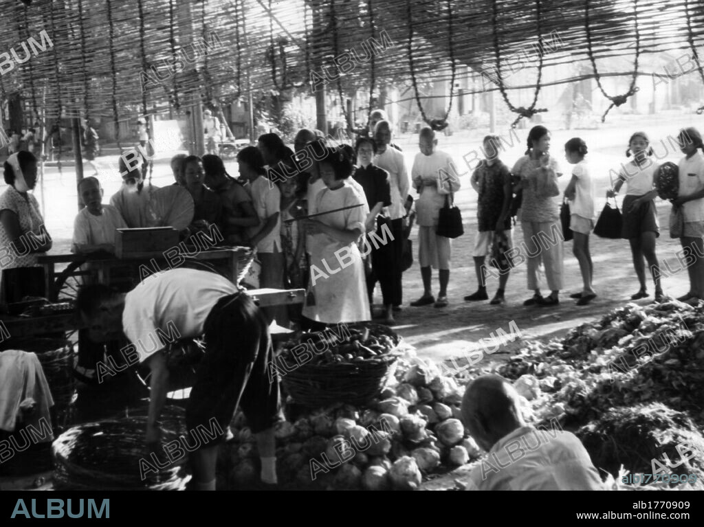 Queue at the stands in Beijing. A queue of Chinese people waiting to buy their weekly allowance of cucumbers and aubergines at a market stand. Beijing, 1960s.