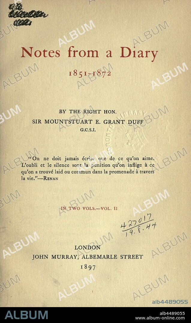 Notes from a diary, 1851-1872 : Grant Duff, Mountstuart E. (Mountstuart Elphinstone), Sir, 1829-1906.