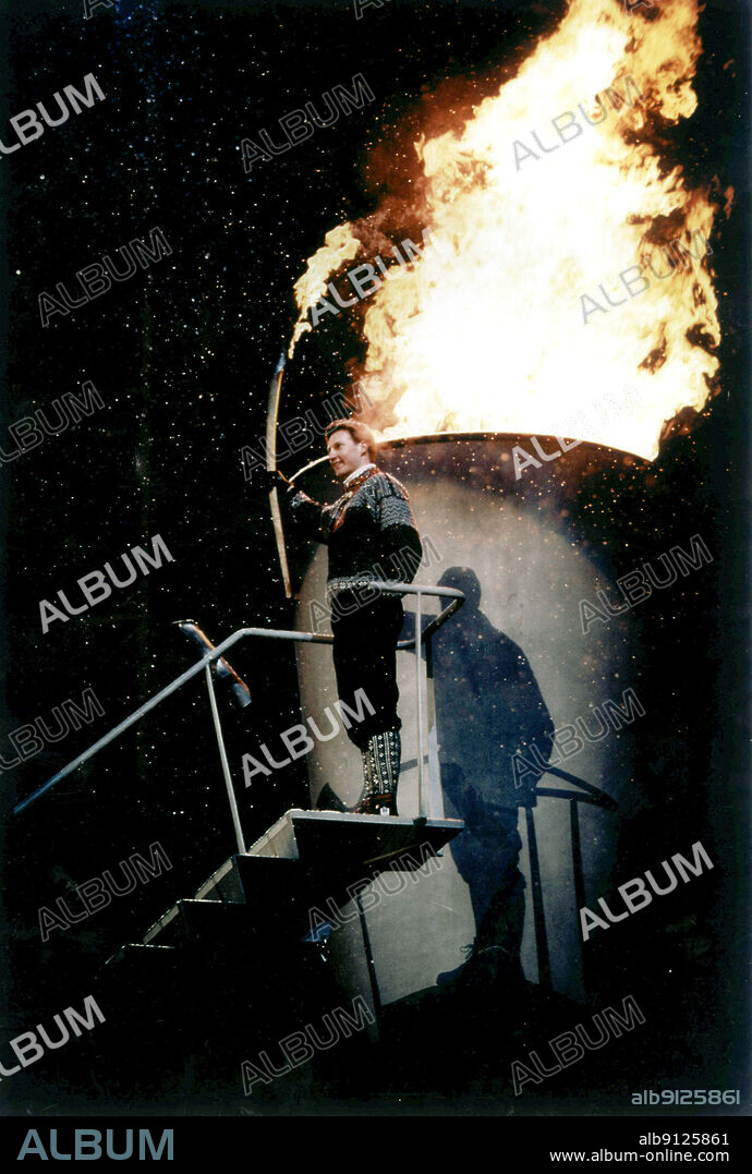 Lillehammer 1994-02-12, Olympics 1994. Crown Prince Haakon with Olympic torch and Olympic fire during the opening ceremony of the Olympics at Lillehammer. Photo: Hans Brox, NTB.