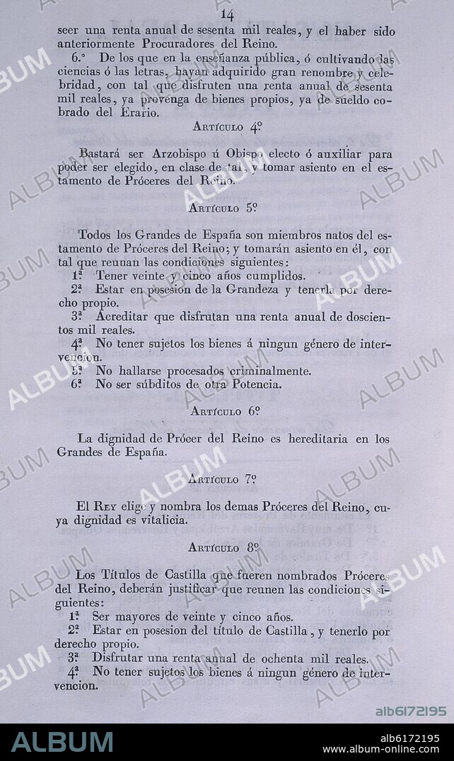 ESTATUTO REAL DE 1834 - ARTICULOS DEL TITULO II DEL ESTAMENTO DE PROCERES DEL REINO.