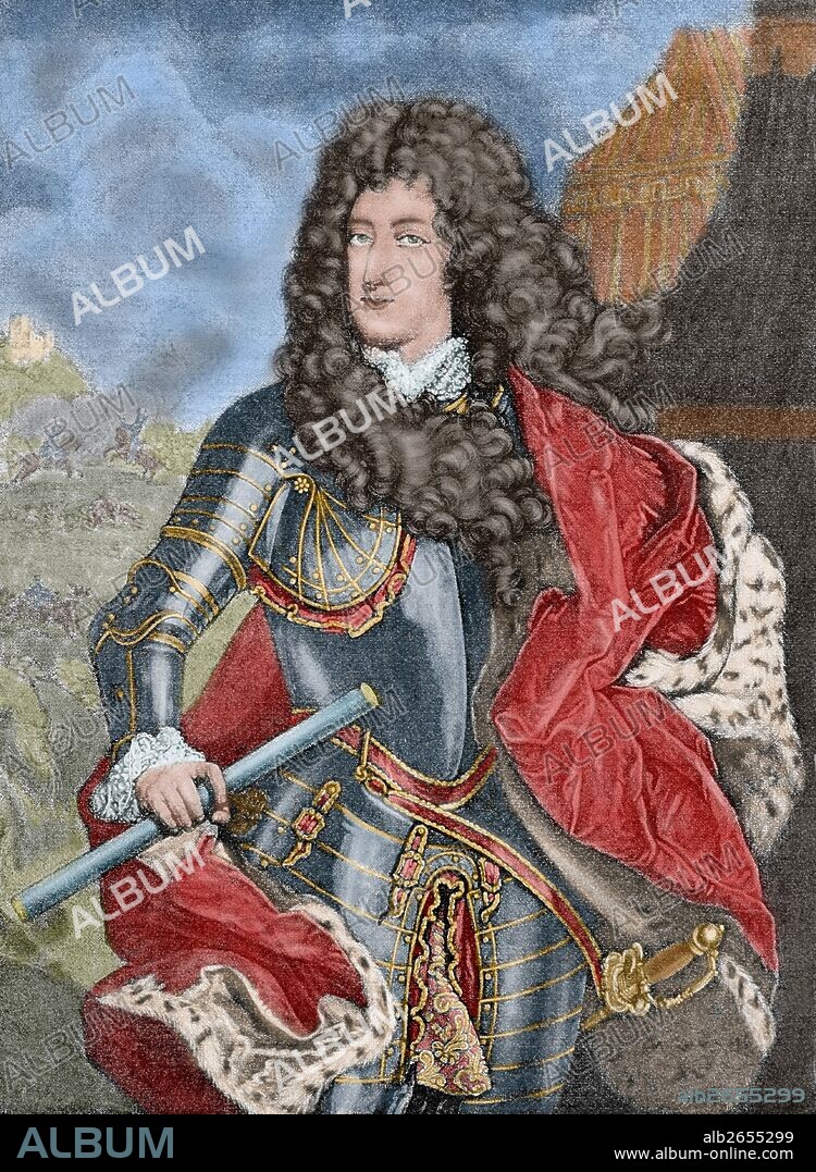 Maximilian II Emanuel, Elector of Bavaria (1662-1726), also known as Max Emanuel or Maximilian Emanuel. Wittelsbach ruler of Bavaria and a Kurfu_rst of the Holy Roman Empire. Portrait. engraving in "Historia Universal", 1885. Colored.