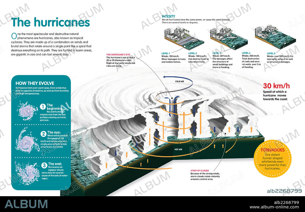 Los huracanes. Infografía sobre el proceso de formación de los huracanes, su estructura interior y sus diferentes intensidades.