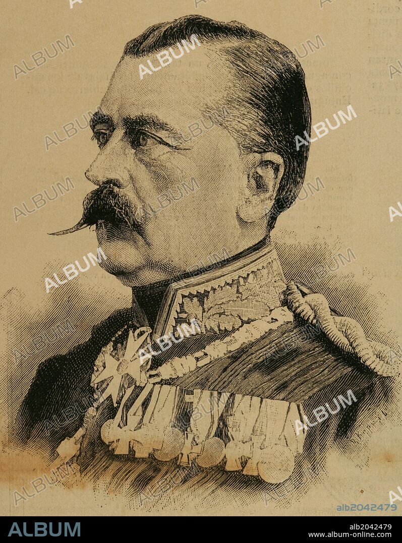 El príncipe Carlos Antonio de Hohenzollern-Sigmaringen (1811-1885). Jefe de la Casa del Príncipe de Hohenzollern-Sigmaringen, Hohenzollern de 1869 y Primer Ministro de Prusia. Grabado "La Ilustración Española y Americana", año 1885.