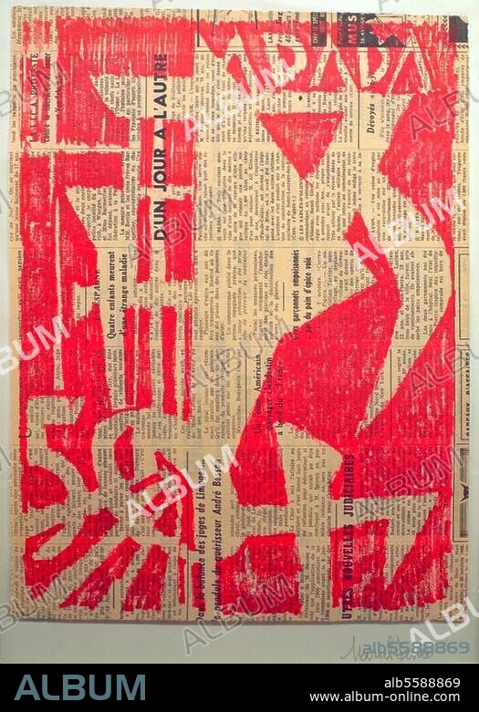 Art / Dadaisme. "50-DADA". (Exposition 50 ans DADA 1966). Gravure sur bois de Marcel Janco (1895-1966). H. 0,32 ; L. 0,24. Collection particulière.