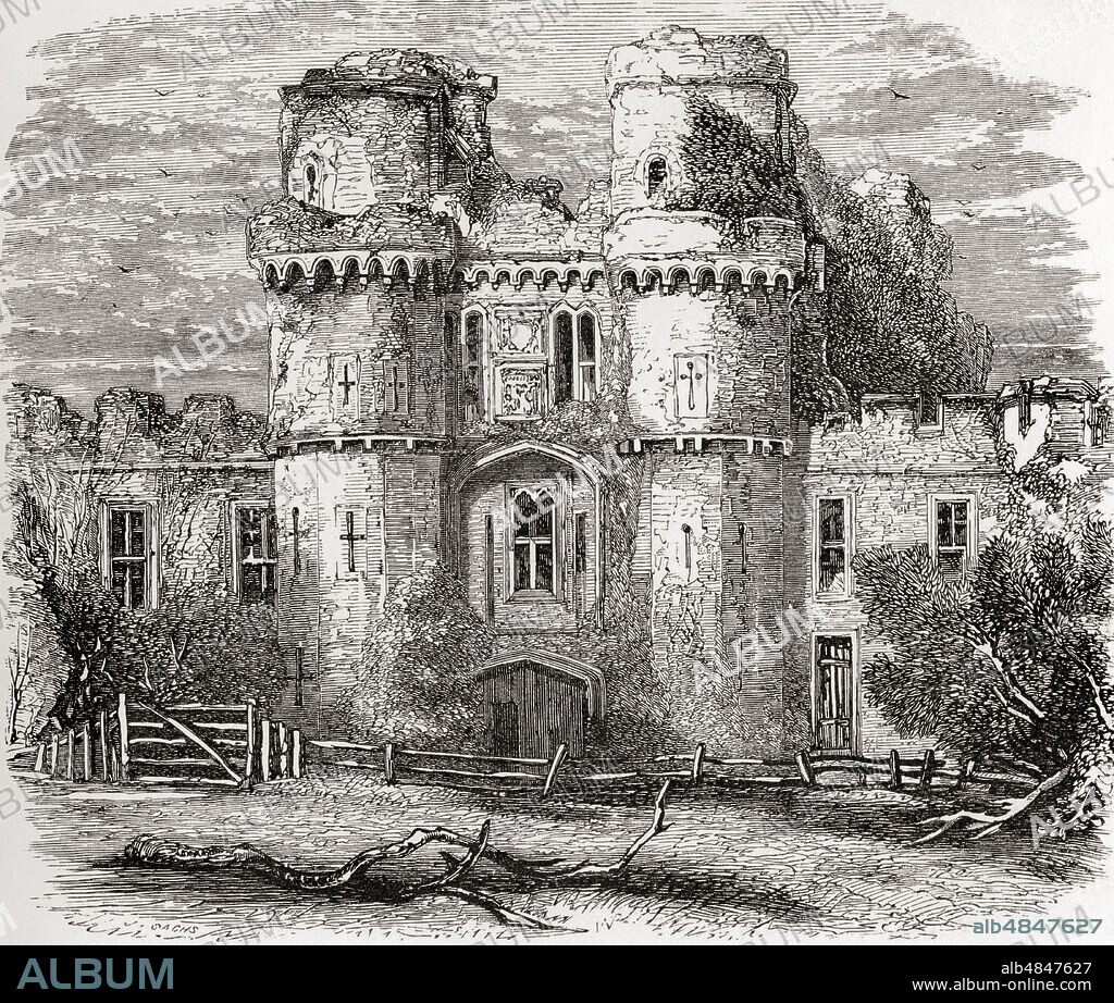 Herstmonceux Castle, near Herstmonceux, East Sussex, England, seen here in the 19th century.  The castle was renowned for being one of the first buildings to use brocks in England.  From English Pictures, published 1890.