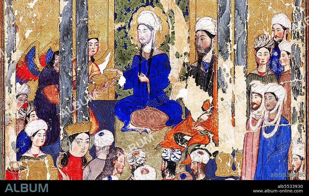 The Miraj forms part of the Night Journey that the prophet of Islam, Muhammad took during a single night around the year 621 CE.  In the journey, Muhammad travels on the steed Buraq to 'the farthest mosque' where he leads other prophets in prayer. He then ascends to heaven where he speaks to God, who gives Muhammad instructions to take back to the faithful regarding the details of prayer. Representations of the Prophet Muhammad are controversial, and generally forbidden in Sunni Islam (especially Hanafiyya, Wahabi, Salafiyya). Shia Islam and some other branches of Sunni Islam (Hanbali, Maliki, Shafi'i) are generally more tolerant of such representational images, but even so the Prophet's features are generally veiled or concealed by flames as a mark of deep respect.