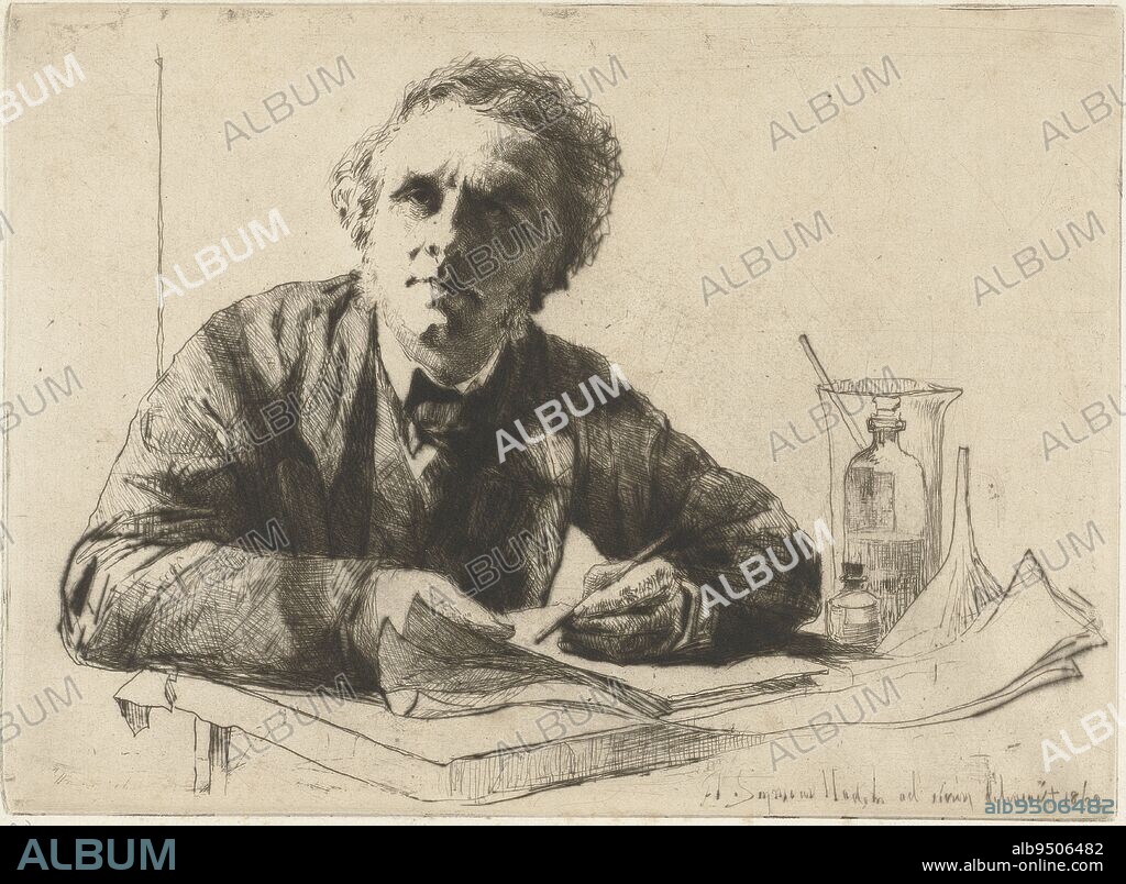 Self-portrait of the artist Francis Seymour-Haden, half in person, sitting at a table with a pen in hand. On the table are papers and etchings, Self-Portrait of Francis Seymour-Haden., print maker: Francis Seymour-Haden (Sir), (signed by artist), Francis Seymour-Haden (Sir), England, 1862, paper, etching, drypoint, h 195 mm × w 267 mm.