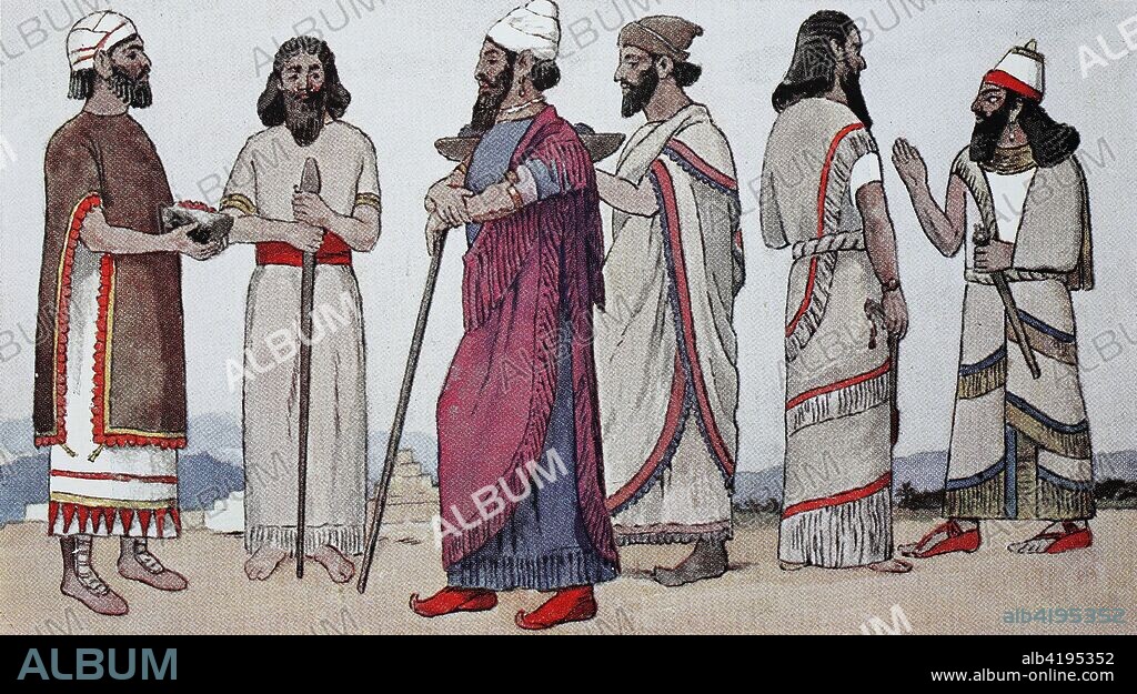 Clothing fashion in Assyria, 12-7 century BC, sacrifice robes, from left, man from northwest Mesopotamia brings tribute, a citizen of Nineveh, Prince of Murzi, now Kurdistan, then a man brings tribute to King Jehu of Palestine, then King Assunassirpal in the sacrificial mantle and King Salmanassar III, 860-825 BC, also in the sacrificial mantle, digital improved reproduction of an original print from the 19th century.