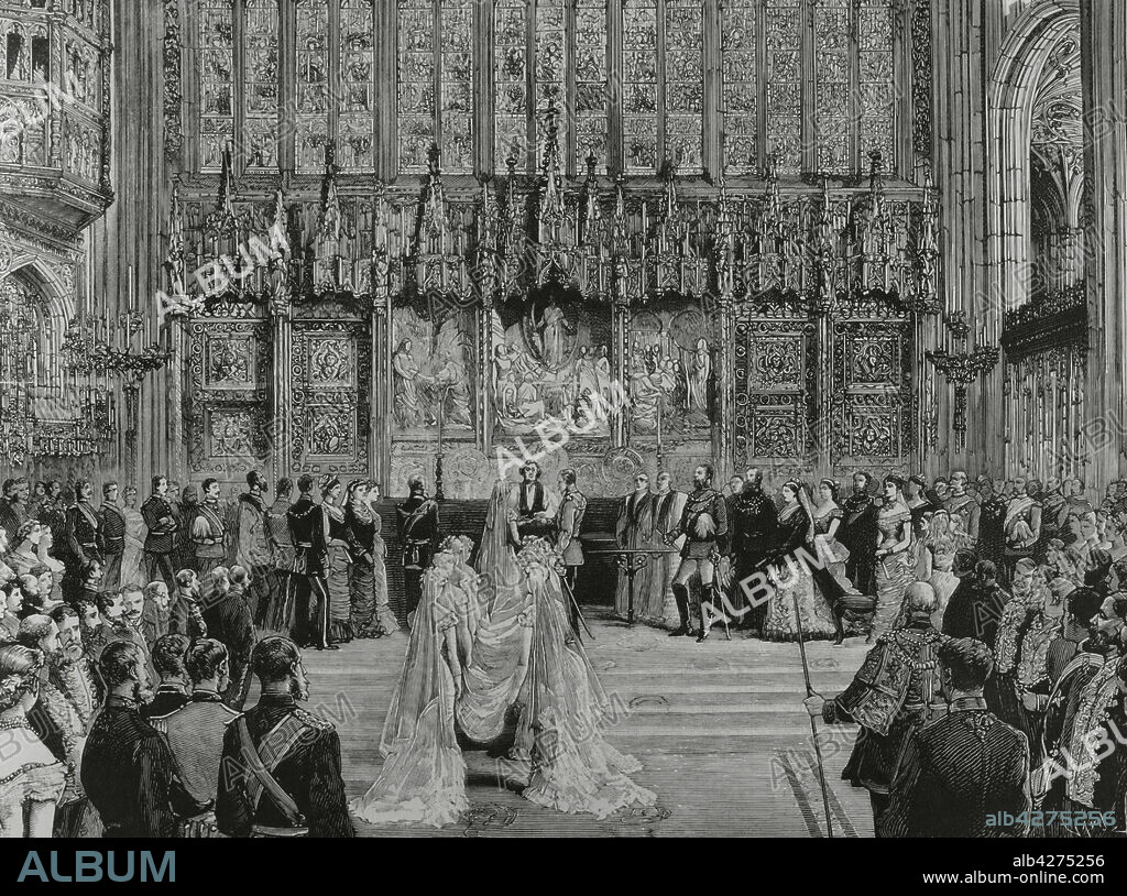 TOMáS CARLOS CAPUZ (1834-1899). SPANISH ENGRAVER.. Marriage of the Duke of Albany (27th April 1882). Leopold, Duke of Albany (1853-1884), the eighth child of Queen Victoria and Prince Albert. He married Princess Helena of Waldeck and Pyrmont (1861-1922) in St Georges Chapel at Windsor Castle (England). Wedding Blessing Ceremony. Engraving by Capuz. La Ilustración Española y Americana, 1882.