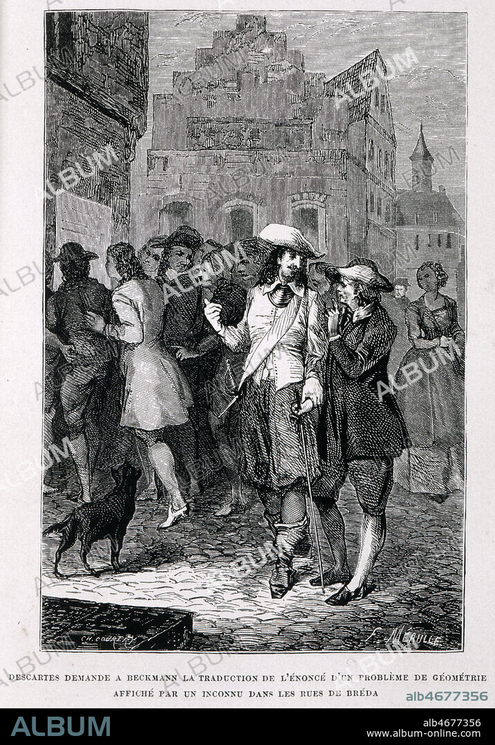 Rene DESCARTES (1596-1650) demande a Isaac Beckman (1588­1637, mathematicien, directeur du college de Dort)la traduction de l'enonce d'un probleme de geometrie affiche par un inconnu dans les rues de Breda. Illustration de CH. COURTRY (19 s.) pour la vie des savants illustres par Louis FIGUIER (1819-1894). Credit : Collection Grob/KHARBINE-TAPABOR.