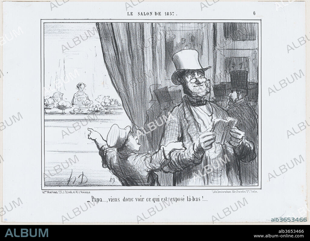 HONORE DAUMIER. Papa...., viens donc voir ce qui est exposé là-bas!....', from Le Salon de 1857, published in Le Charivari, August 25, 1857. Artist: Honoré Daumier (French, Marseilles 1808-1879 Valmondois). Dimensions: Sheet: 10 1/4 × 14 1/8 in. (26 × 35.8 cm)
Image: 7 5/8 × 9 7/8 in. (19.3 × 25.1 cm). Printer: Destouches (Paris). Publisher: Aaron Martinet (French, 1762-1841). Series/Portfolio: Le Salon de 1857. Date: August 25, 1857.