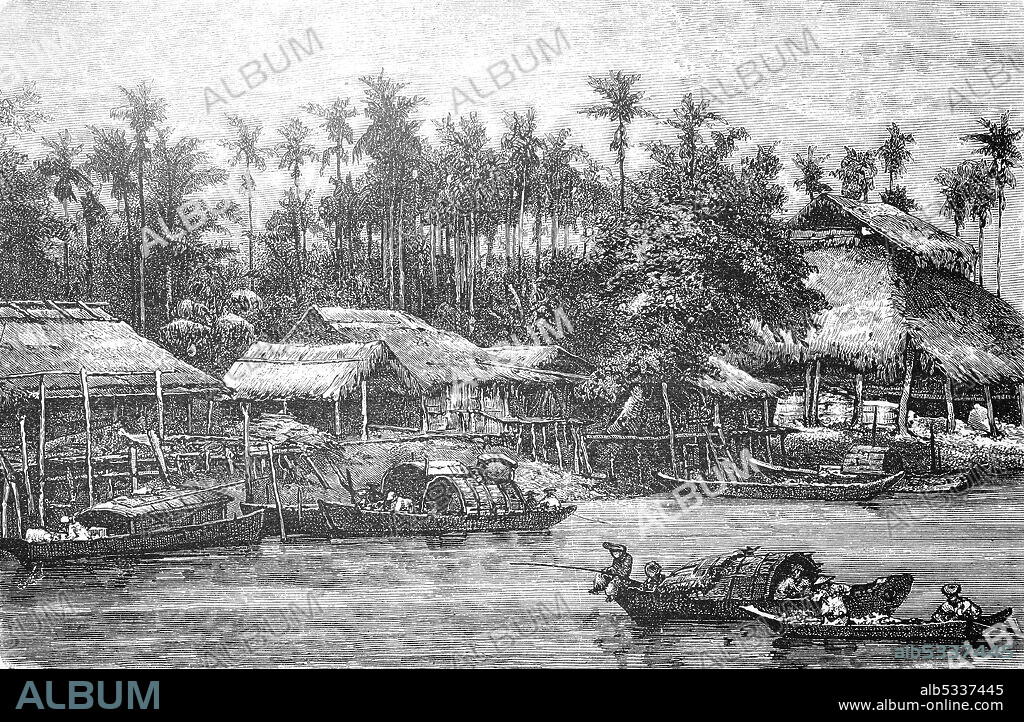 Annamite village, Annam, the historical name for a region in Southeast Asia, today Vietnam  /  Annamitisches Dorf, Annam, die historische Bezeichnung für eine Region in Südostasien, heute Vietnam, Historisch, historical, digital improved reproduction of an original from the 19th century / digitale Reproduktion einer Originalvorlage aus dem 19. Jahrhundert,.