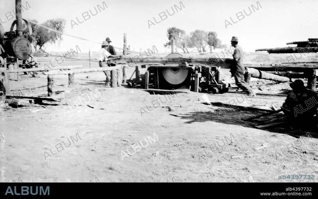 Negative - Coleambally Area, New South Wales, 1928, A sawmill on 'Willowvale' station. The sawmill had been lent by Walter Guymer for a share of the timber. The steam engine was lent by'Yamma' station on the understanding that some of their timber would be sawn. Otherwise, the timber came from' Willowvale'.