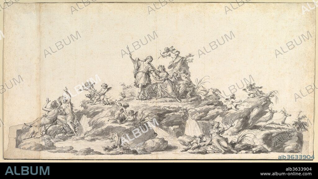 Design for the Fontana di Venere e Adone, Reggia di Caserta, Naples. Artist: Fedele Fischetti (Italian, Naples 1732-1792 Naples). Dimensions: Sheet: 10 13/16 x 21 7/16 in. (27.5 x 54.5 cm). Date: ca. 1780.
Design for a sculpture group meant to be placed on top of the small cascade of one of six fountains in the gardens of the Palazzo Reale or "Reggia" di Caserta. The design shows the story of Venus and Adonis, set in a river landscape with nymphs and playing cupids or putti. Venus and Adonis are depicted in the center of the arrangement. Above their heads, a cupid aims his bow and arrow at the young man. The seated Venus grabs her lover by the arm, in an unsuccessful attempt to prevent Adonis from departing on his fateful last hunt. 
This design by Fischetti is of historical significance since his involvement in the development of the gardens of the Palazzo Reale was so far unknown. Fischetti is documented to have worked on other projects in the palazzo at various moments in his career, supplying amongst others designs for a series of tapestries. He was present at the palace in 1767 and then again between 1777/78 and 1781, which coincides with the garden project and is presumably when he executed this drawing. The design shows similarities, but was not the exact model for the sculpture group that was executed in marble between 1783 and 1788 by the Neapolitan sculptor Gaetano Salomone (active in Italy, 2nd half of the 18th century).