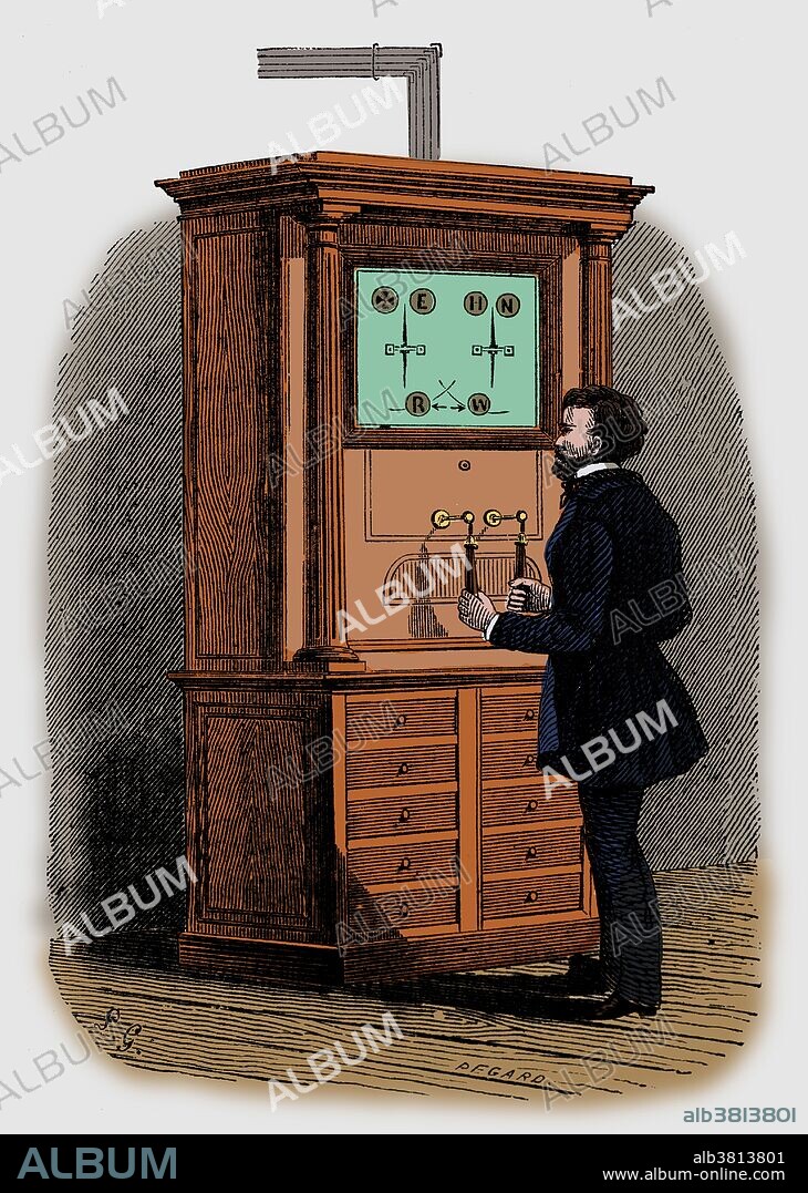 The Cooke and Wheatstone telegraph was an early electrical telegraph system invented by English inventors William Fothergill Cooke and Charles Wheatstone. The receiver consisted of a number of needles which could be moved by electromagnetic coils to point to letters on a board. This feature was liked by early users who were unwilling to learn codes, and employers who did not want to invest in staff training. The two-needle telegraph required three wires, one for each needle and a common return. The coding was somewhat different from the five-needle telegraph and needed to be learned, rather than read from a display. The needles could move to the left or right either one, two, or three times in quick succession, or a single time in both directions in quick succession. Either needle, or both together, could be moved. This gave a total of 24 codes, one of which was taken up by the stop code. Three letters were omitted: J, Q and Z, which were substituted with G, K and S. This image has been colorized.