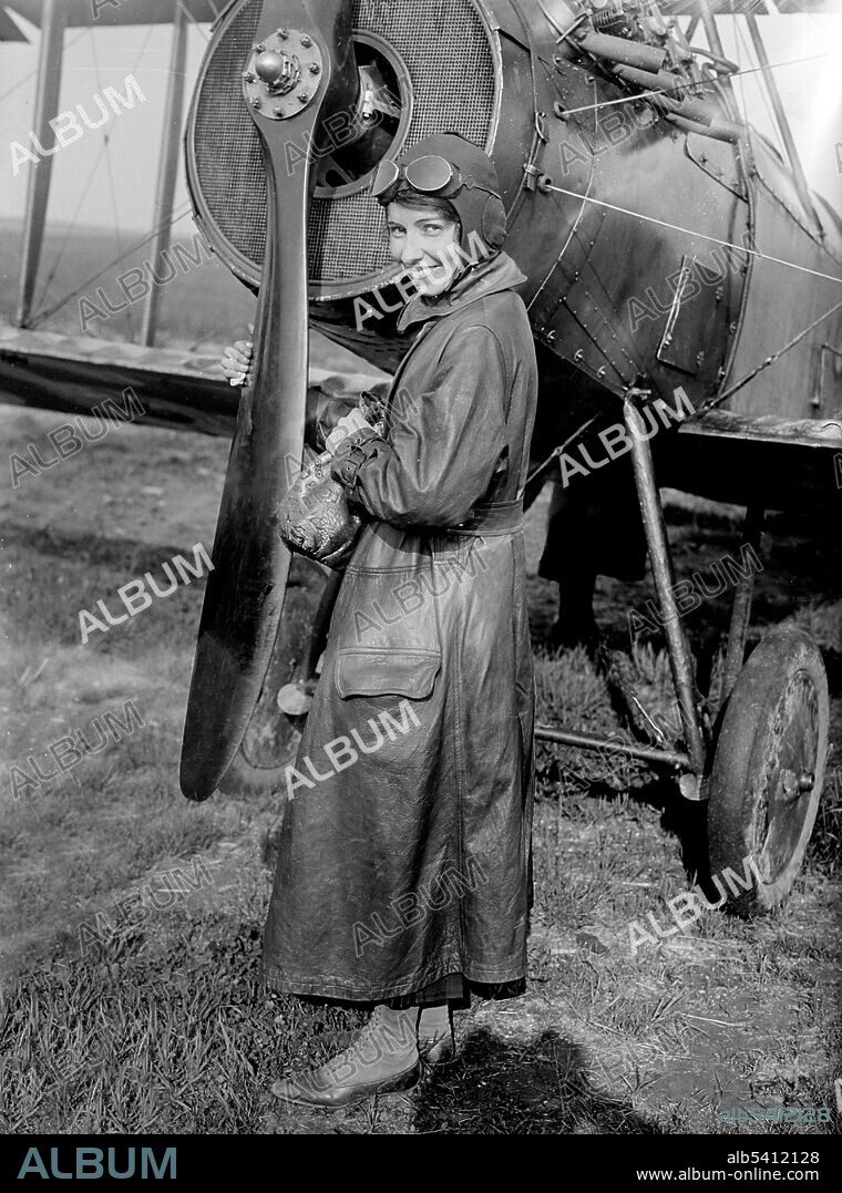 Stinson in front of her Curtiss-Stinson Special biplane that she flew to raise funds for the Red Cross during WWI. Katherine Stinson AKA the Flying Schoolgirl (February 14, 1891 - July 8, 1977) was a pioneering American aviatrix who set flying records for distance, endurance, and aerobatic maneuvers. Stinson and her family moved to San Antonio, Texas, where she and her sister, Marjorie, began giving flying instruction at her family's aviation school. In Europe during WWI, she contracted influenza, which damaged her lungs, making her susceptible to tuberculosis. In 1920, she retired from aviation.  Bain News Service, 1917-19.